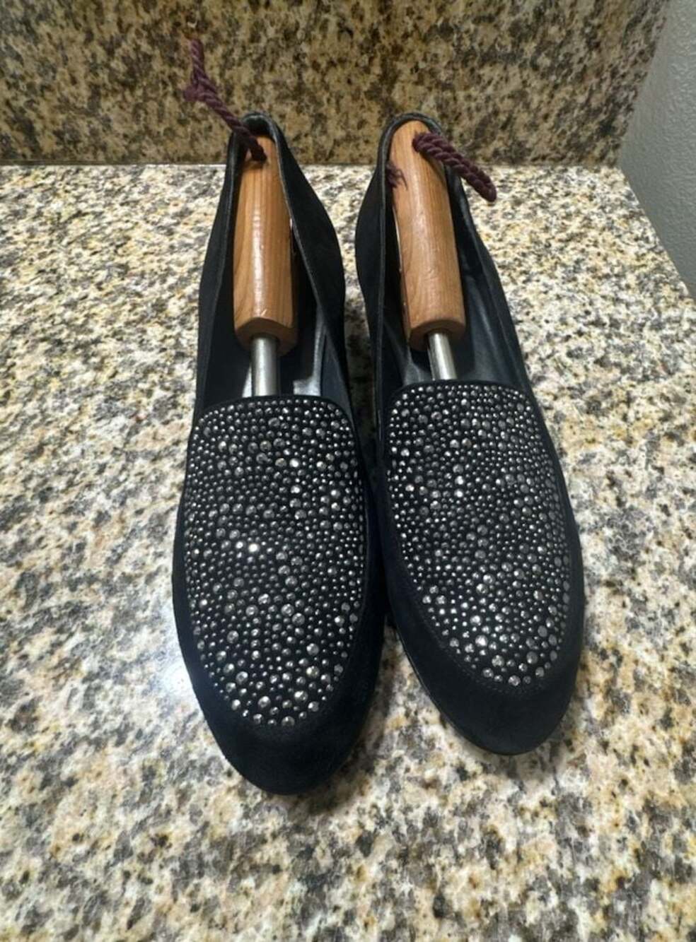 ✨ stuart weitzman black suede crystal-encrusted loafer flats